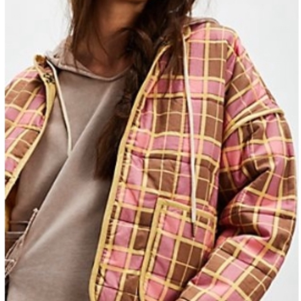 Free People Pink and Brown Plaid Jacket